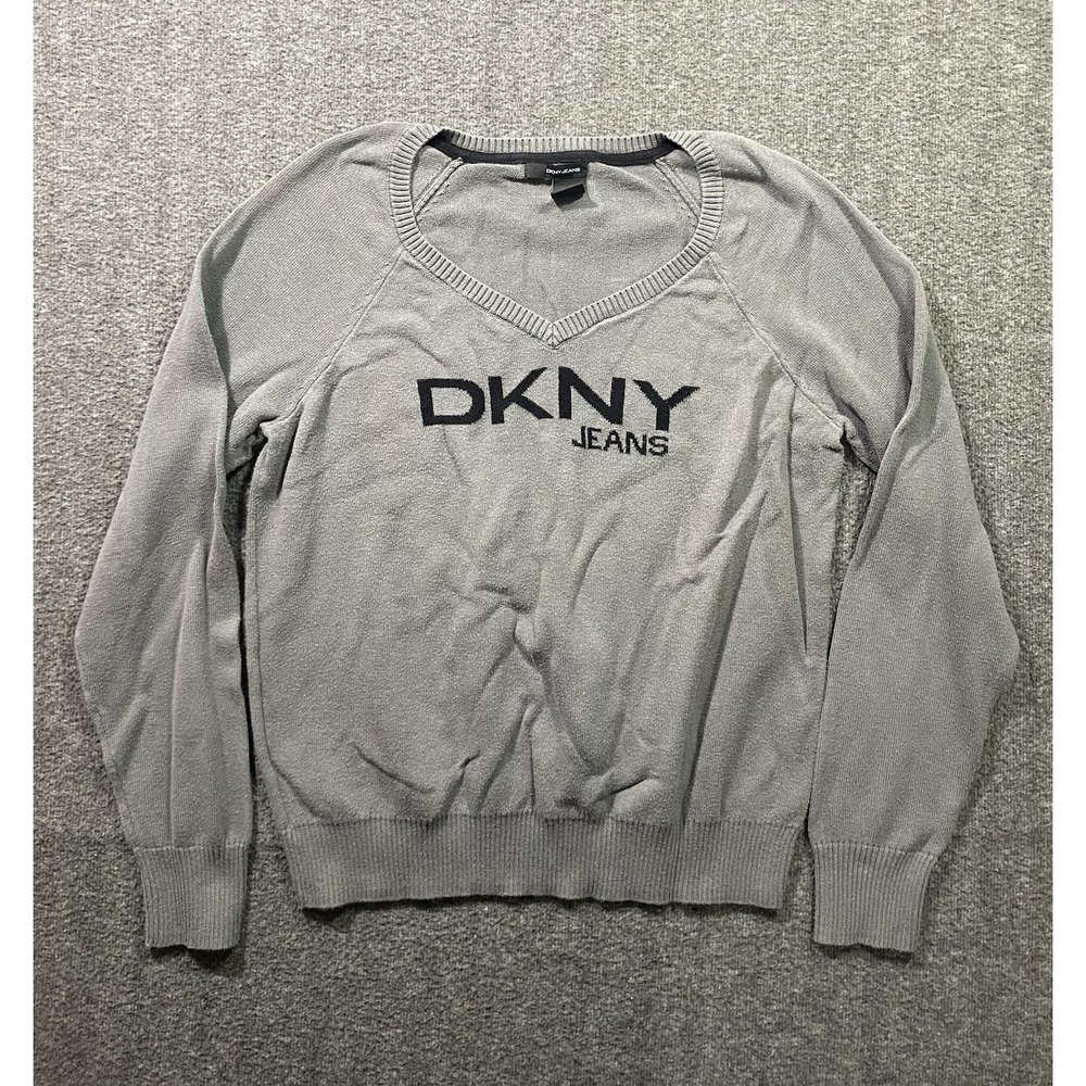 DKNY Jeans Mens Ribbed Knit Logo V-Neck Sweater Gray Size L